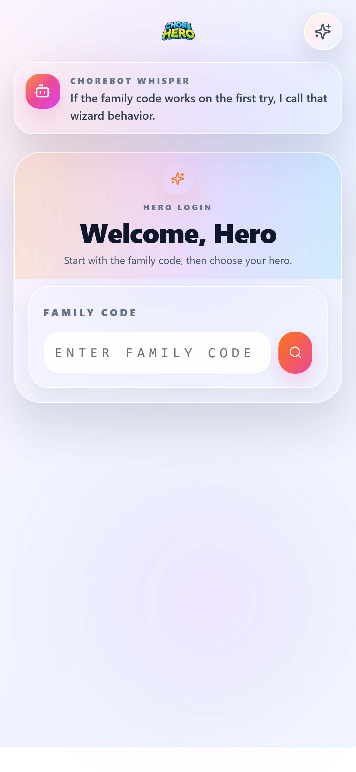 Child fallback login screen for family code plus hero PIN